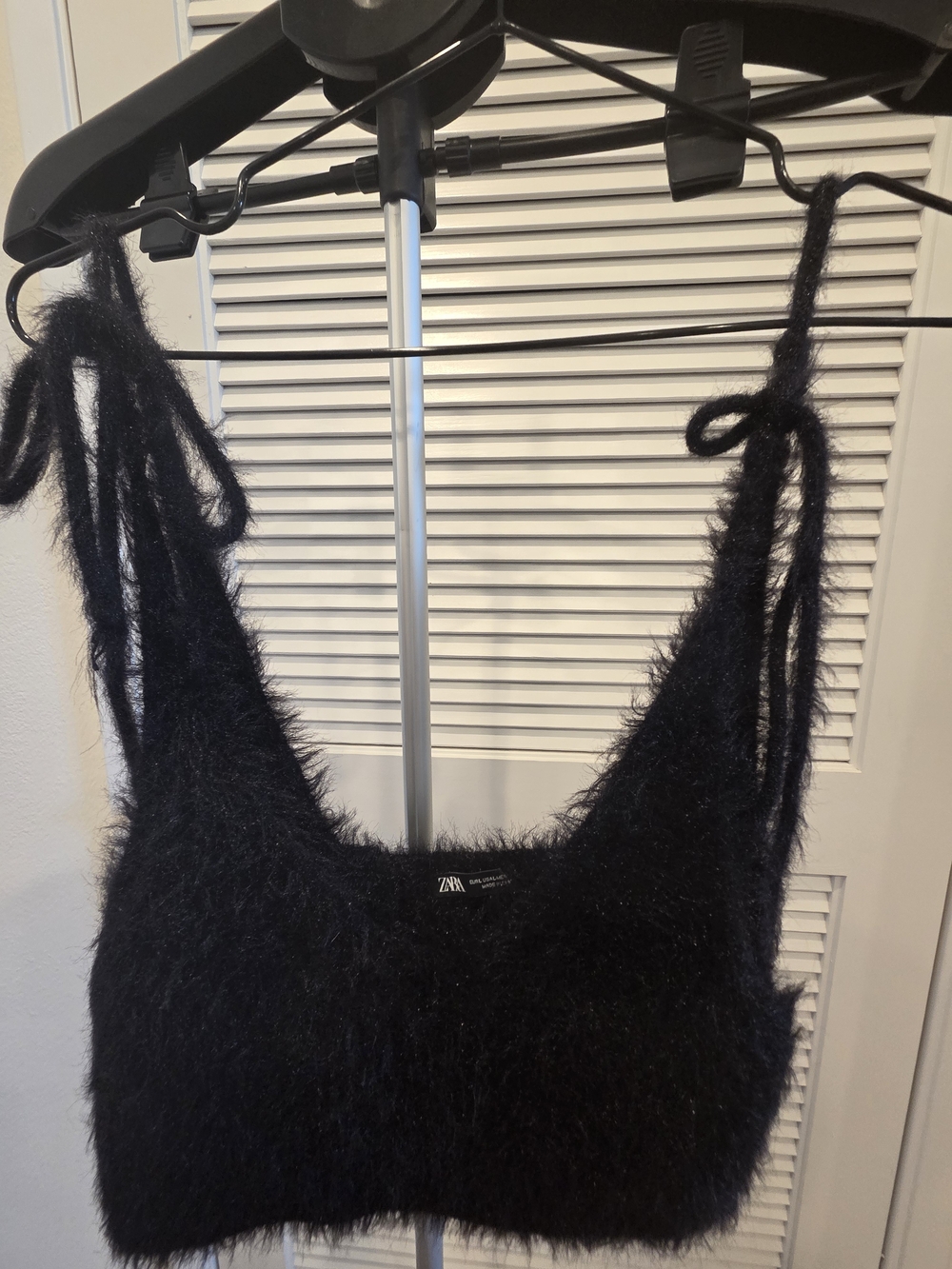 ZARA Black Fuzzy Knit Crop Top Tie Strap Tank Bralette Size L